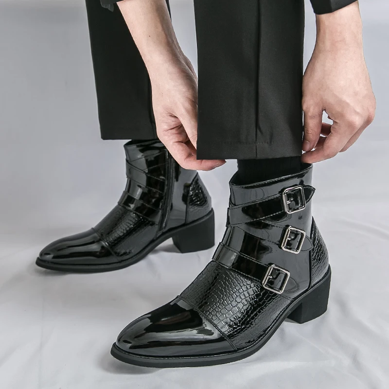 レトロファッション メンズ チェルシーブーツ 大きいサイズ 46 グリッターレザーブーツ メンズ ハイヒール ハイカット ドレスシューズ メンズ ボタス パラ オンブレ