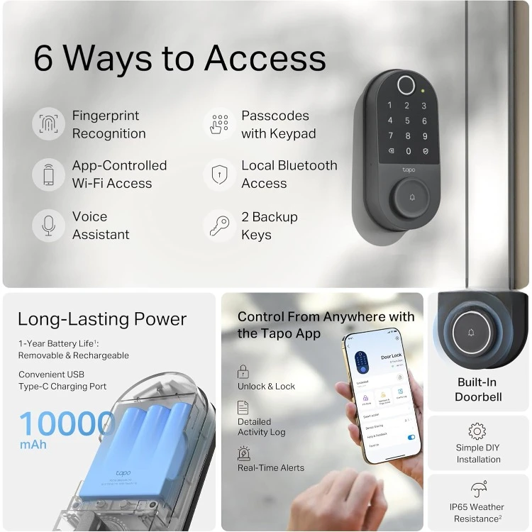 TP-Link  Smart Door Lock, Deadbolt | Keyless Entry, Fingerprint Recognition, Touchscreen Keypad & in-App Monitoring with Sch
