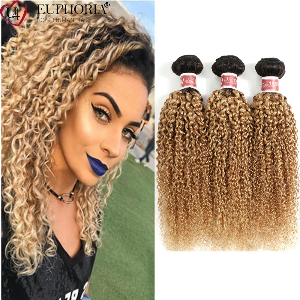 Ombre Blonde 27 Customized Kinky Curly Hair Bundles Brazilian Human Hair 1/3 Pcs 1B Brown Remy Curly Hair Weaving Bundles EUPHOR