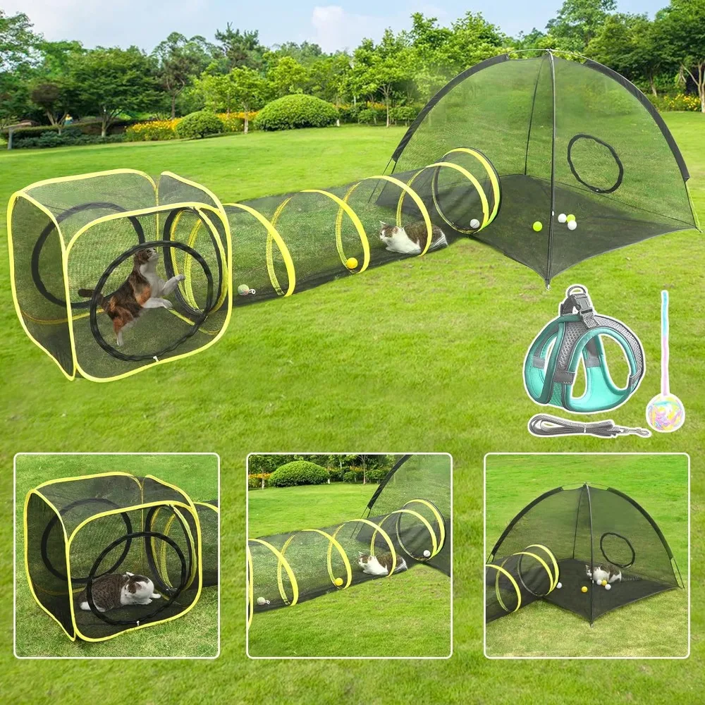 Outdoor Cat Enclosures for Cats Indoor, Portable Mesh Tent, Tunnel, Playhouse with Adjustable Harness and Leash Walking