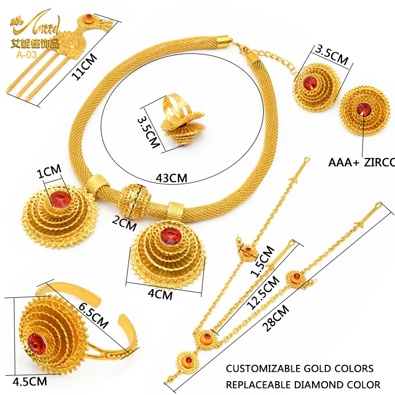 ANIID Ethiopian Gold Plated 6PCS Jewelry Set For Women Indian Red Crystal Habesha Luxury Jewellery Sets Wedding Party Gifts