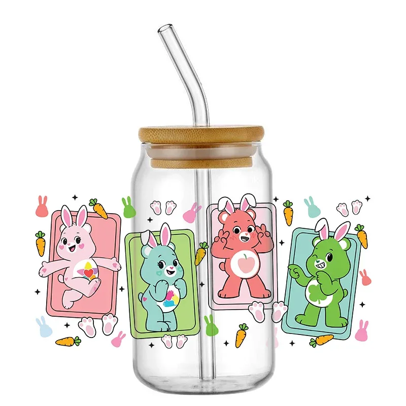 

New Design Cartoon Lovely Bear Waterproof 16oz Glass Sticker UV DTF Cup Wrap Transfers Sticker Custom Label DIY Waterproof Logo