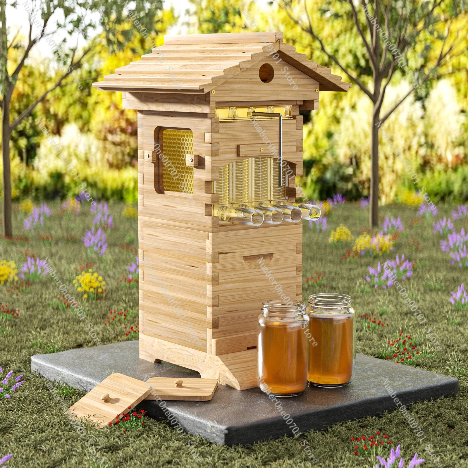 

4Pcs Auto Bee Hives Boxes Starter Kit with Beehive Frames,6 Brood Frames Self-flowing Honey Design Cedar Bee Box Complete Kit