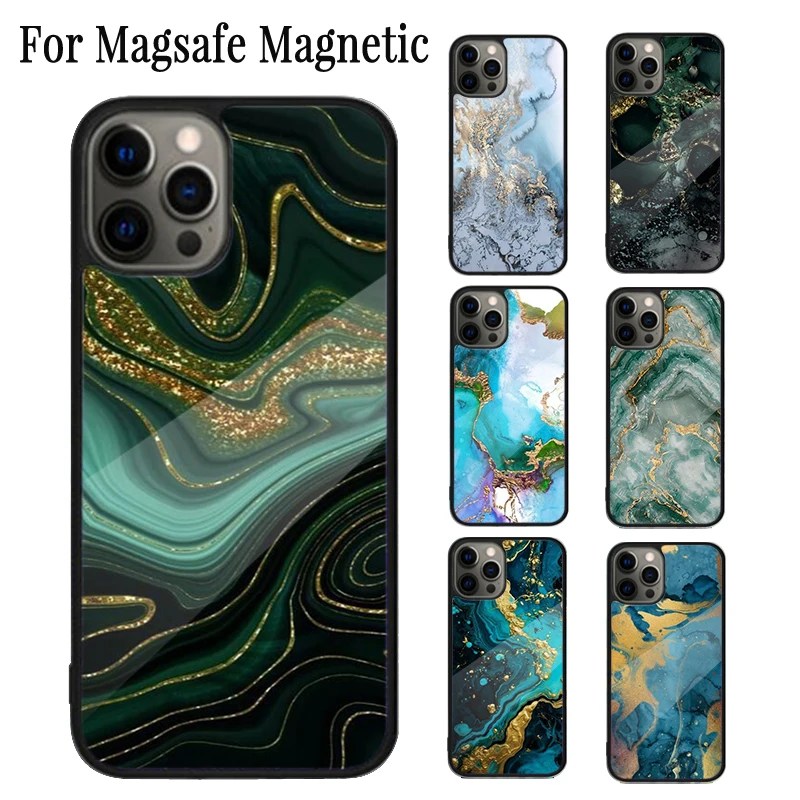 Gold Indigo Faux Malachite Magnetic Phone Case Coque For iPhone 16 15 14 Plus 13 12 Mini 11 Pro Max Magsafe Wireless Cover