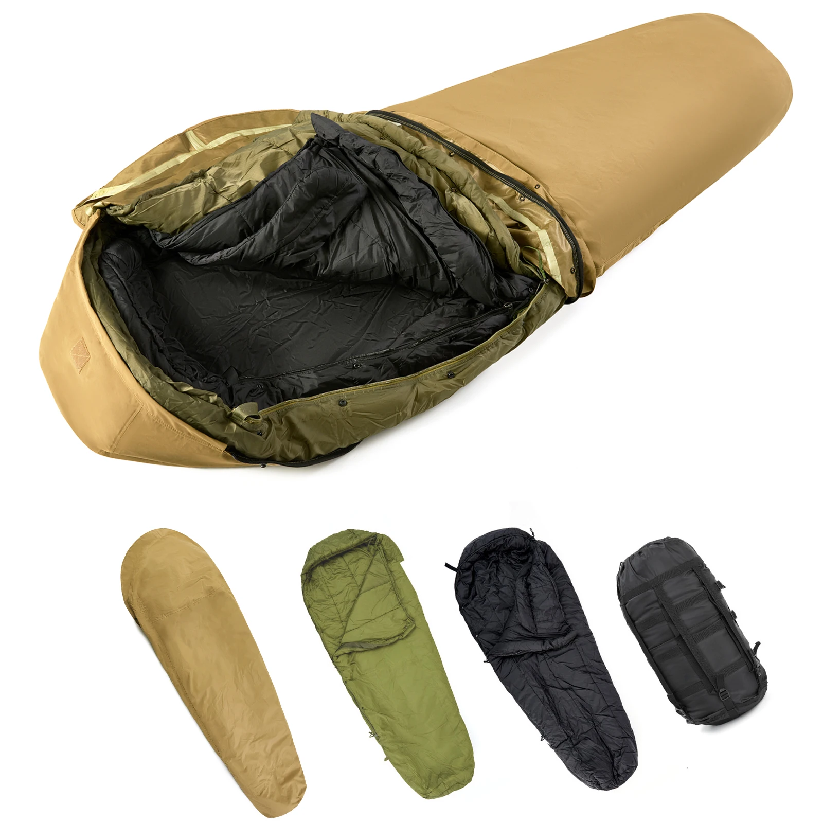 Akmax Sistema de saco de dormir modular militar de 4 piezas -40 ℃ Equipo de supervivencia para acampar de 4 estaciones con cubierta bivy resistente al agua y al frío extremo