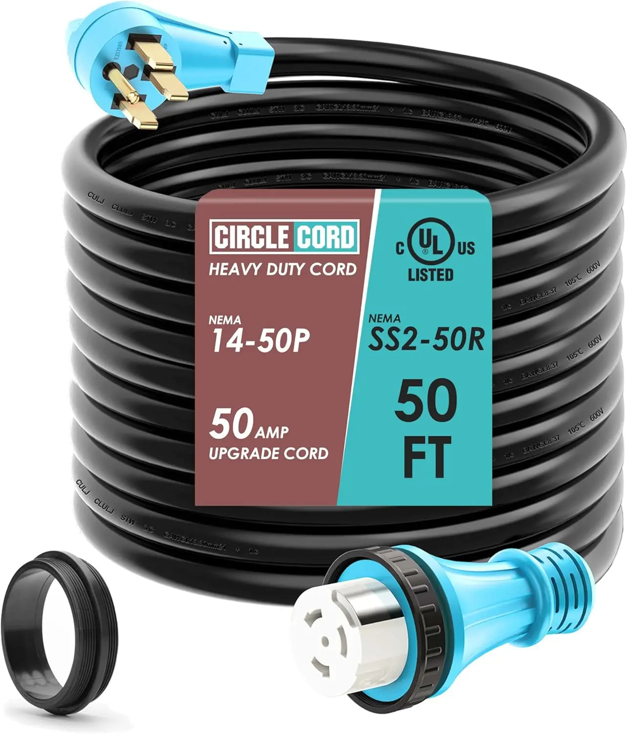 50 Feet RV/Generator Cord with Locking Connector, Heavy Duty 6/3+8/1 Gauge