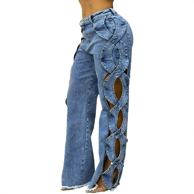 Spring Fall Fashionable European American Women's Clothing Sexy Hot Girl Personality Side Cutout S-line Denim Patchwork Trousers