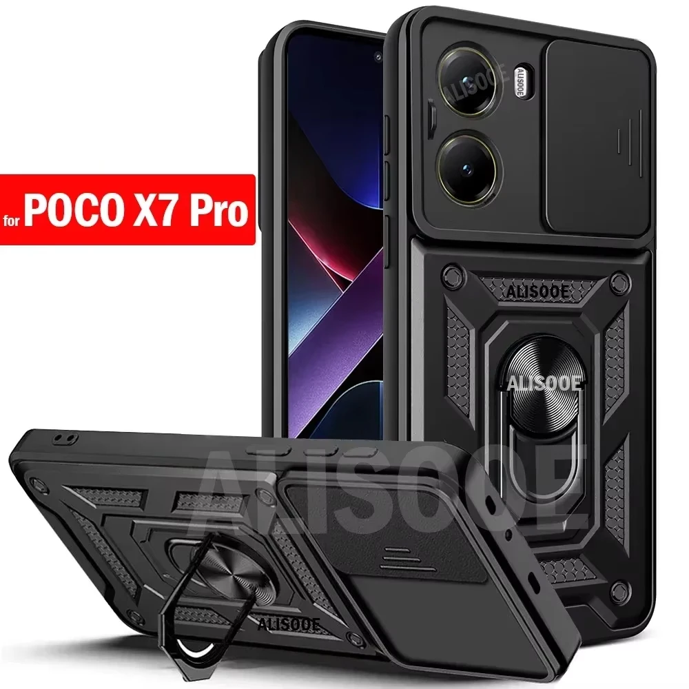 Capa For POCO X7 Pro 5G Case Armor Slide Camera Lens Protection Back Cover for Xiaomi POCO X7 Pro Ring Stand Shockproof Funda