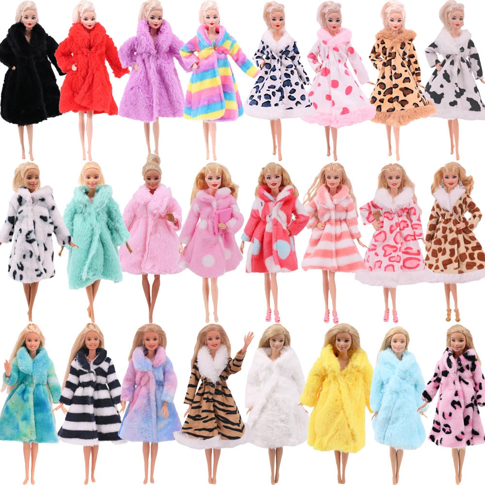 

Multicolor 2 Pcs/Set Long Sleeve Soft Fur Plush Coat Dress + High Heel Winter Wear Accessories for Barbies Doll Clothes 1/6 BJD