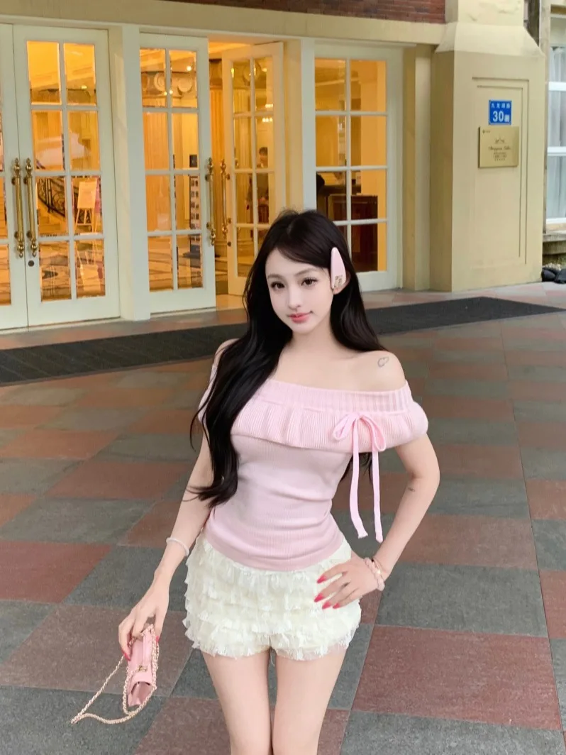 Pink Off-Shoulder Short-Sleeve Knitted Top Women's Slim-Fit Sexy Korean Style Commute Fashion Bell-Leg  Knitted Sweater