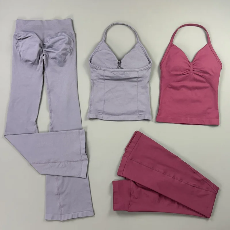 Women Flare Leggings Set Seamless Push Up Longline Strappy Top Suit Sports Slim Fit Flare Fitness Pants for Workout Gym Sets
