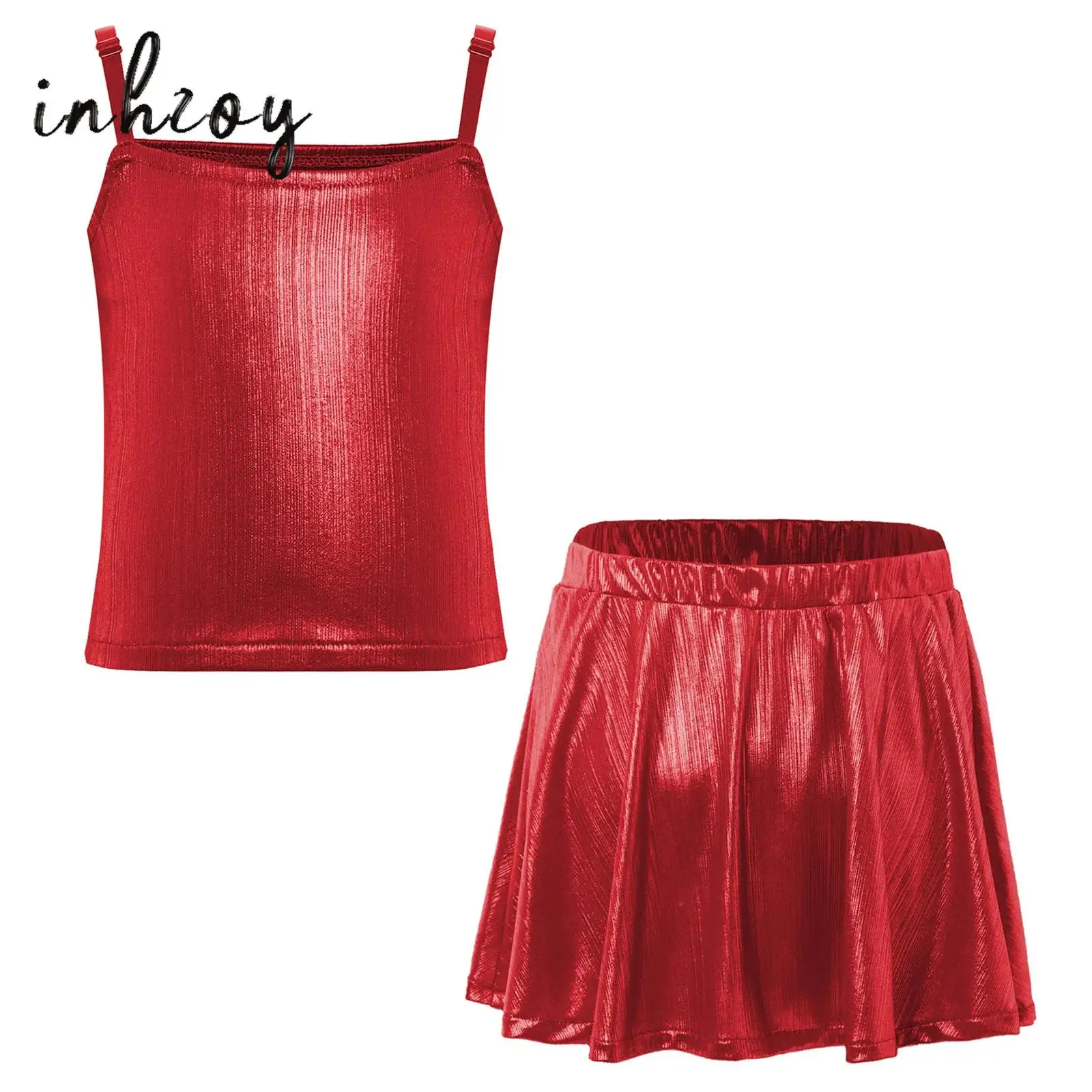 

Kids Girls 2pcs Jazz Dance Stage Performance Costume Adjustable Straps Metallic Camisole Crop Top with Shimmery Ruffled Skirt
