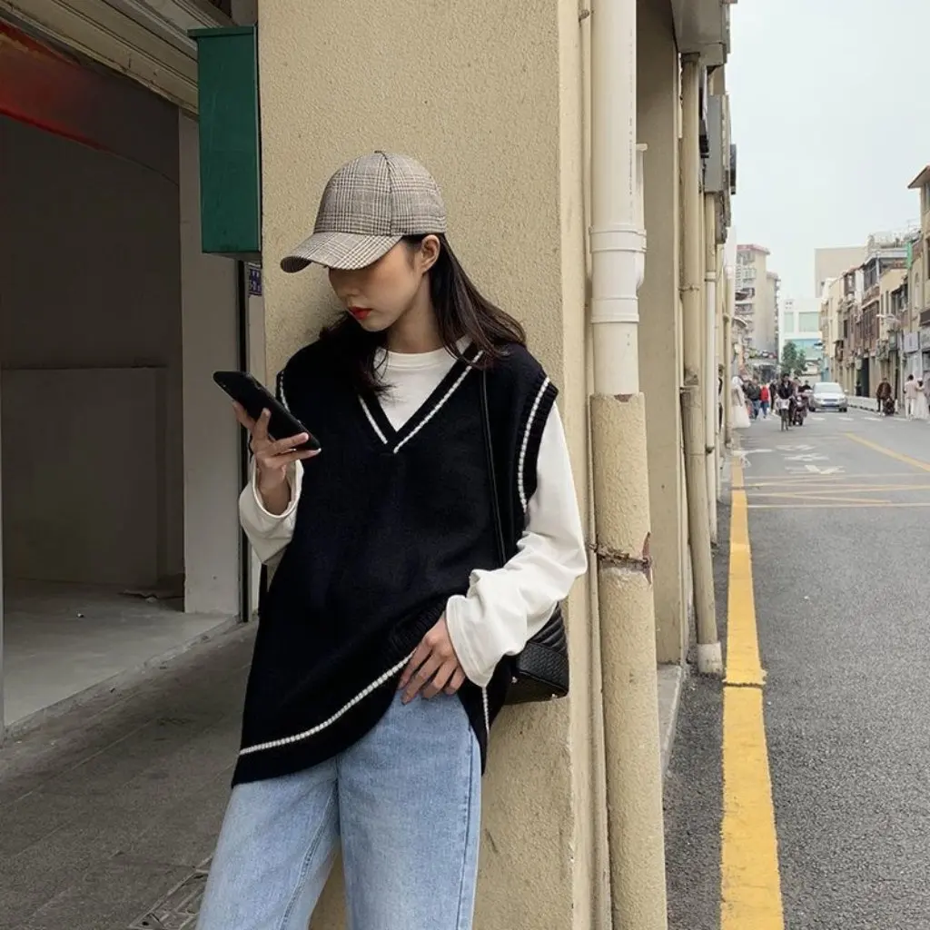 

Korean Style Japanese College Loose Knitted Sweater Spring Autumn V-Neck Vest Waistcoat One-Piece Women's Fashion Top