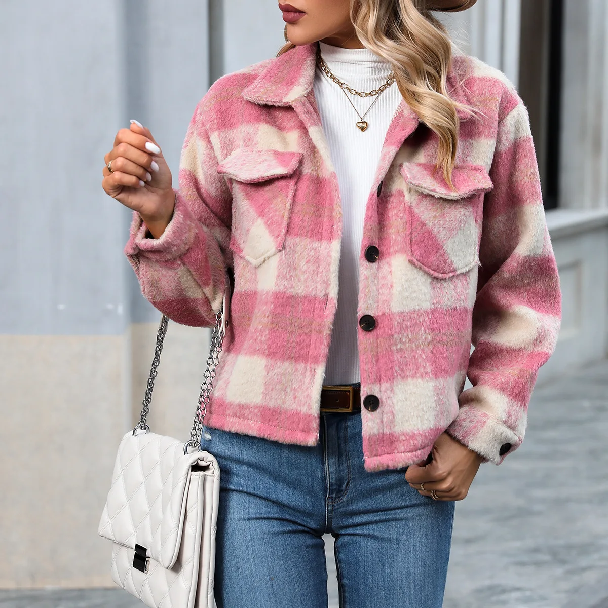 2023 European and American autumn and winter women's coat short plaid mohair button woolen jacket