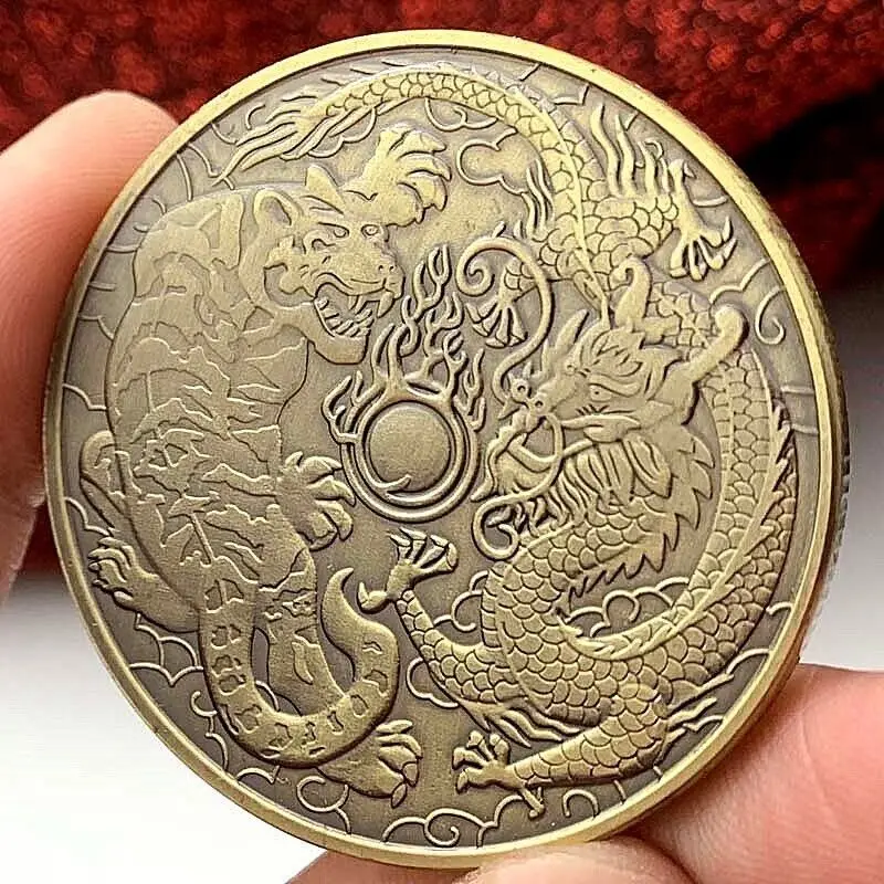 Solid Brass Tiger Dragon Animal Sculpture Commemorative Coin Celect