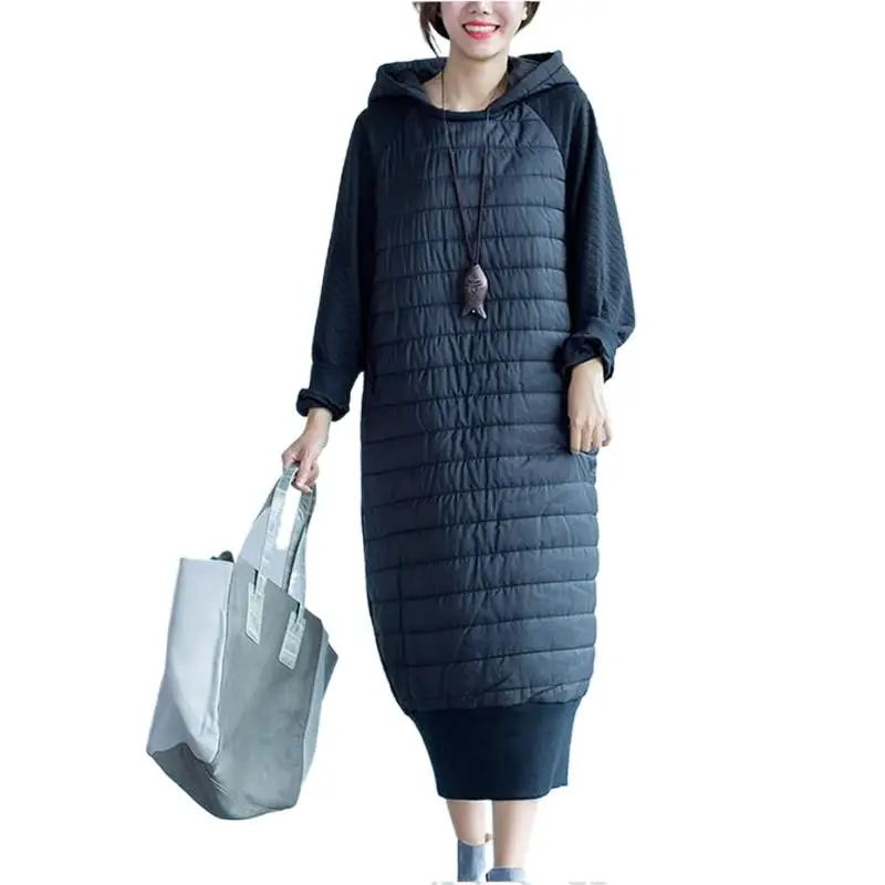 

2023 Winter Cotton Padded Warm Coat Wide-Waisted Long Warm Dress Thicken Jackets Hooded Overcoat Female Large Size Vestidos