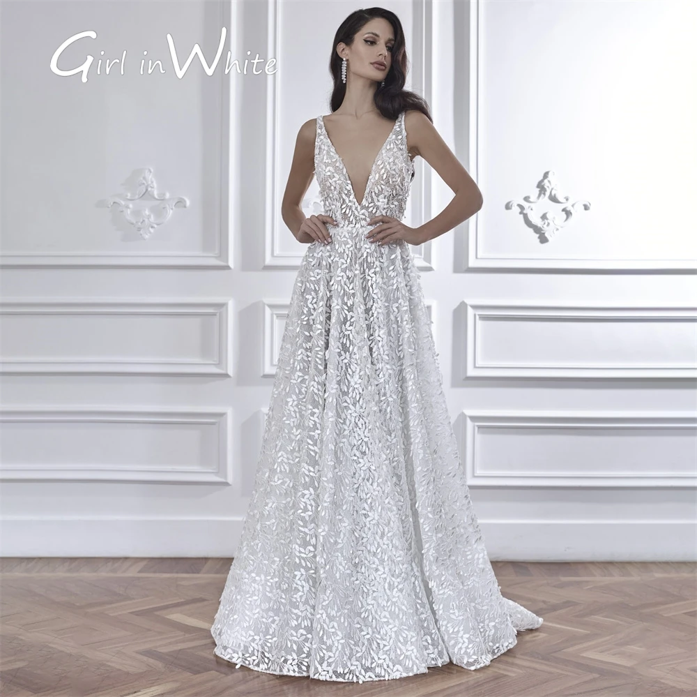 A-Line Wedding Dresses Bridal Gowns Sweep Train Appliques Sexy customized V-Neck Charming Backless Bride Robes Vestidos De Novia