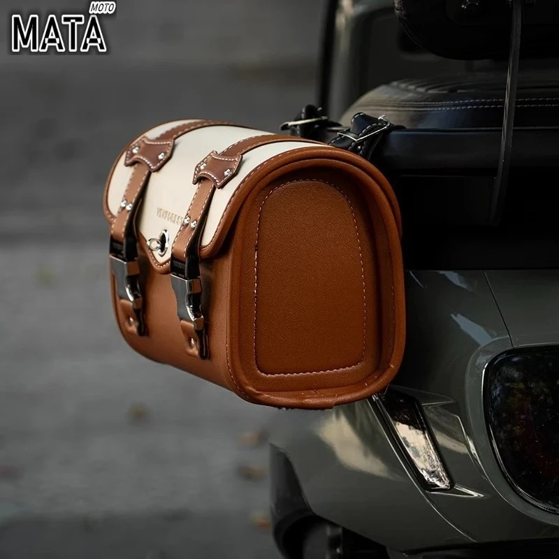 Retro Universal Motorcycle Saddlebags Side Tool Bag PU Leather Luggage White Saddle Bag Pouch for Honda/Suzuki/Kawasaki
