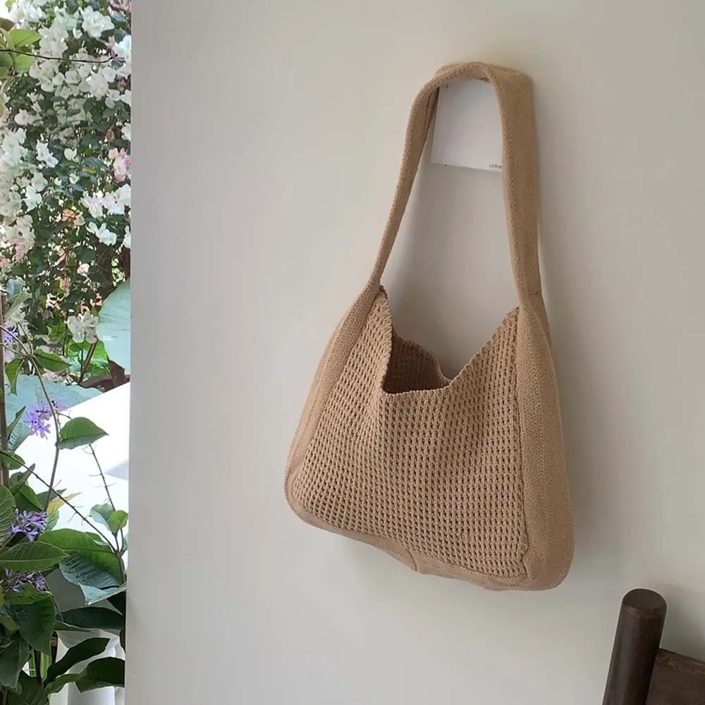 Sweet Knitted Tote Bag Large Capacity Lightweight Crochet Shoulder Bag Polyester Breathable Seaside Vacation Handbag Daily