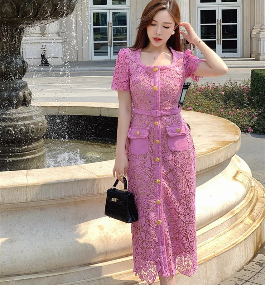 Fashion Runway Summer Pink Lace Sheath Dress Vintage Women Square Collar Golden Button Flower Embroidery Bodycon Long Dresses