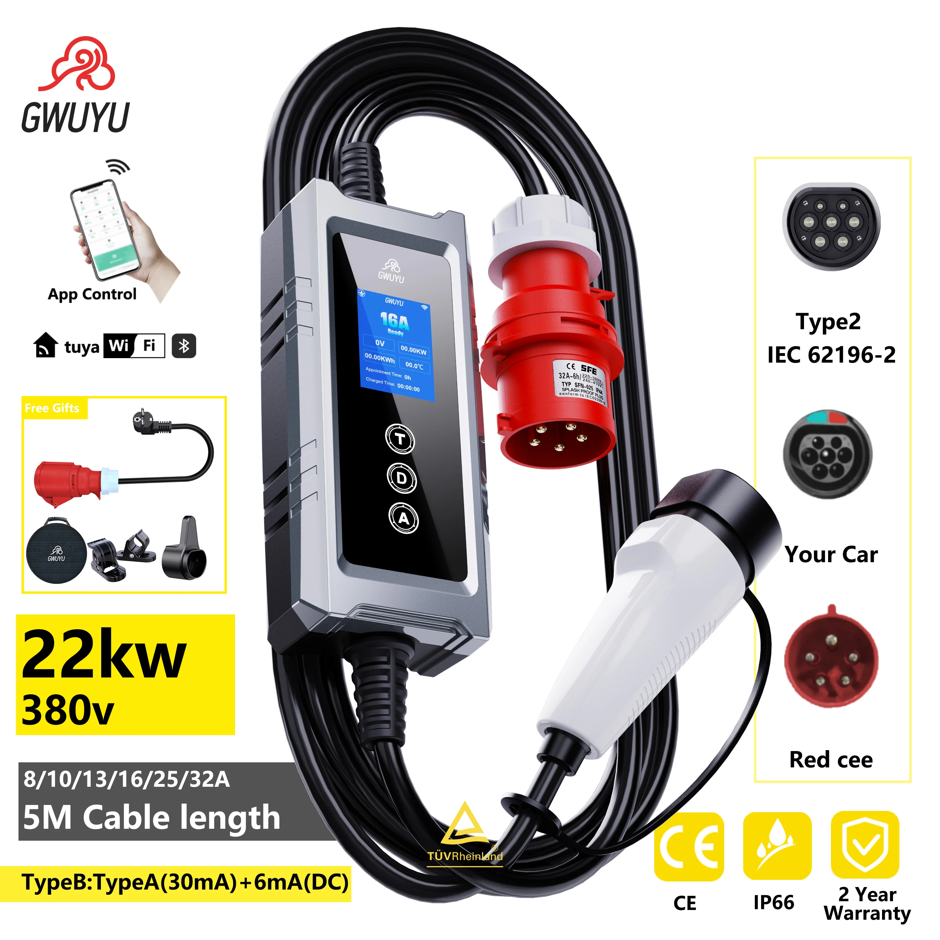 

GWUYU Portable EV Charger Type2 EVSE Wallbox 22KW 32A 3P Electric Car Charger With WIFI APP Control Adjust Current&Seting Time