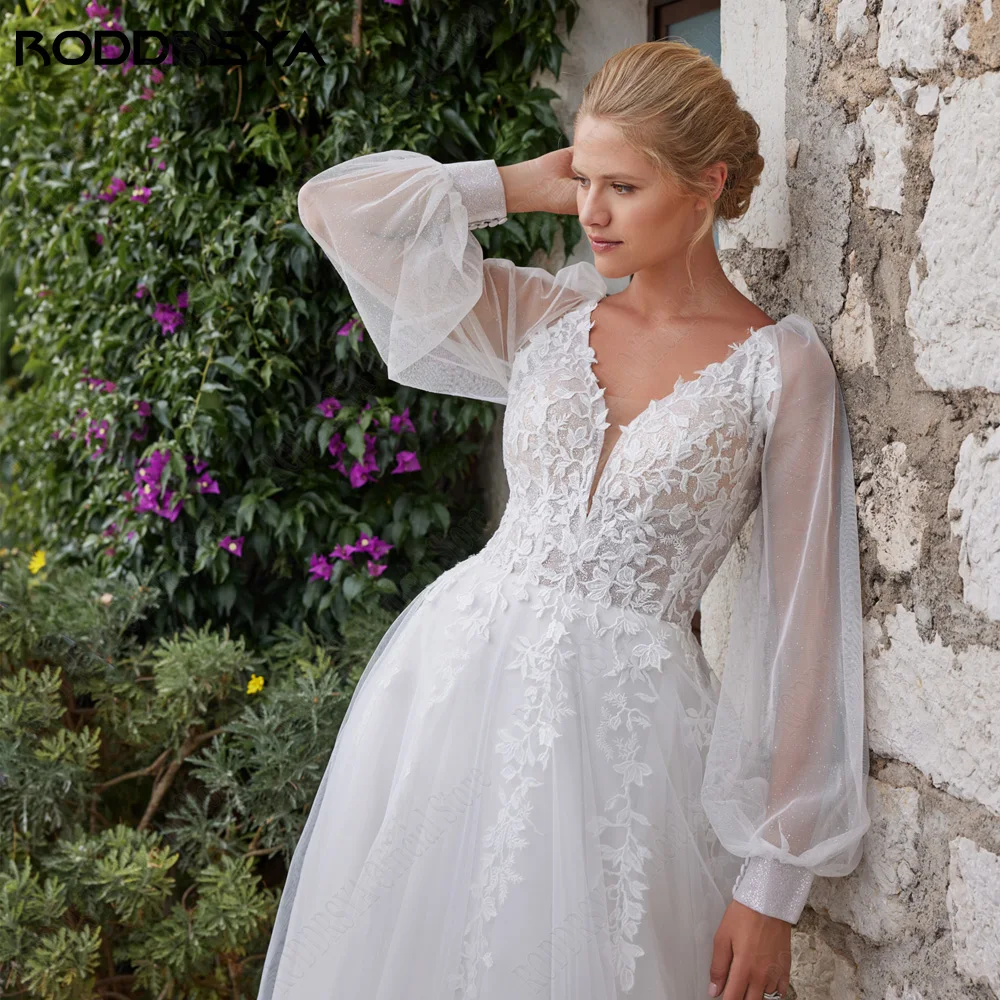 Roddrsya robe de mariée classique en dentelle 2024RODDRSYA-Robe de mariée en dentelle classique, manches bouffantes, ligne A Bridde, quel que soit le tulle, double col en V, appliques Boho, robe éducative de Noël, 2024