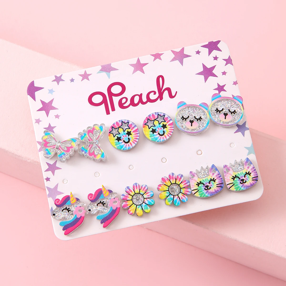 12-Piece Set Cartoon Unicorn Crowns Cat Butterfly Earrings for Girls Children's Fashion Jewelry Accessories