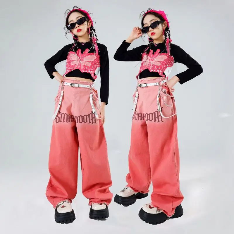 Jazz Modern Dance Costumes For Girls Loose Vest Jeans Outfits Streetwear Hip Hop Dance Performance Clothes