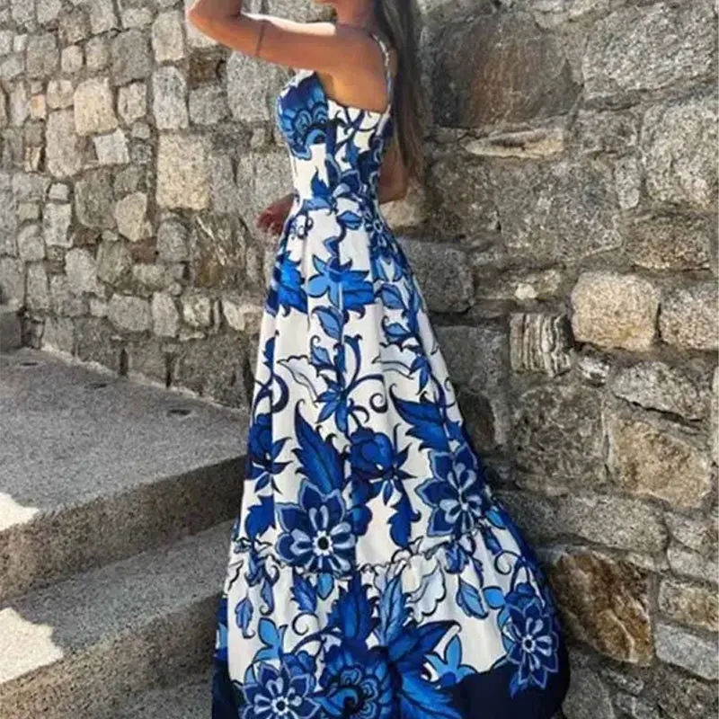 

SKMY Sleeveless Dress 2025 Spring Women Clothing Casual Fashion Printed V-Neck Spaghetti Strap Splicing Split Large Swing Dress