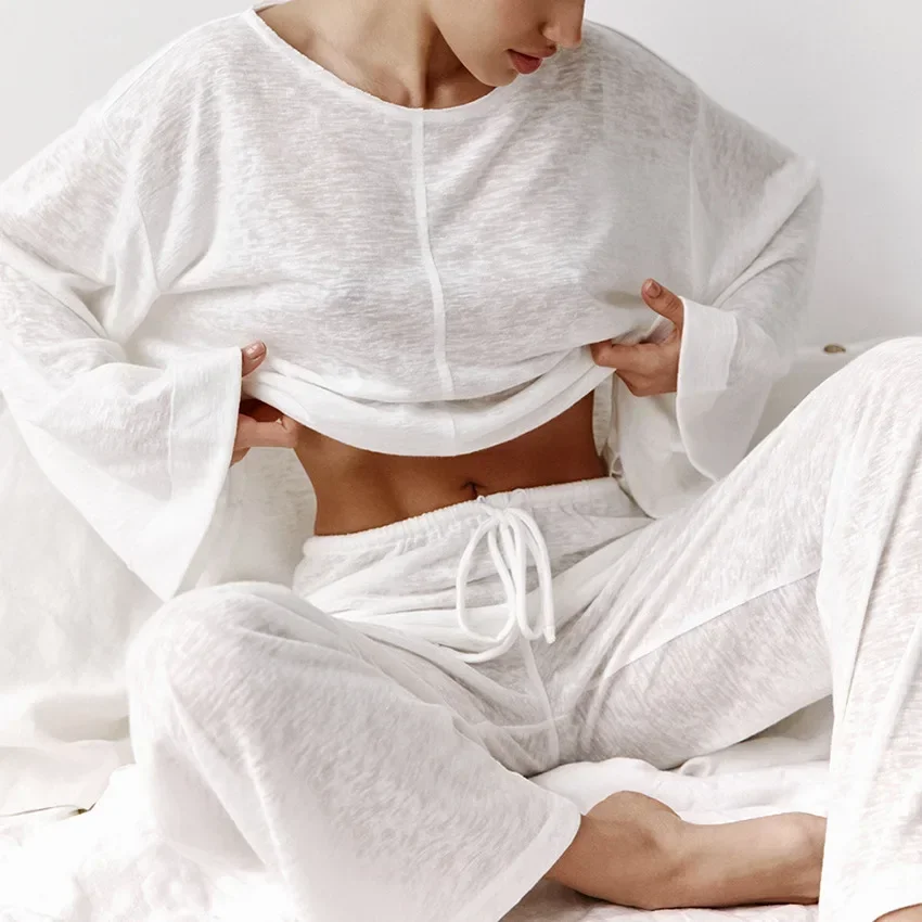 Nuevo Conjunto de pijama de dos piezas con pantalones de manga larga a la moda blanco Sexy para ropa de hogar para mujer