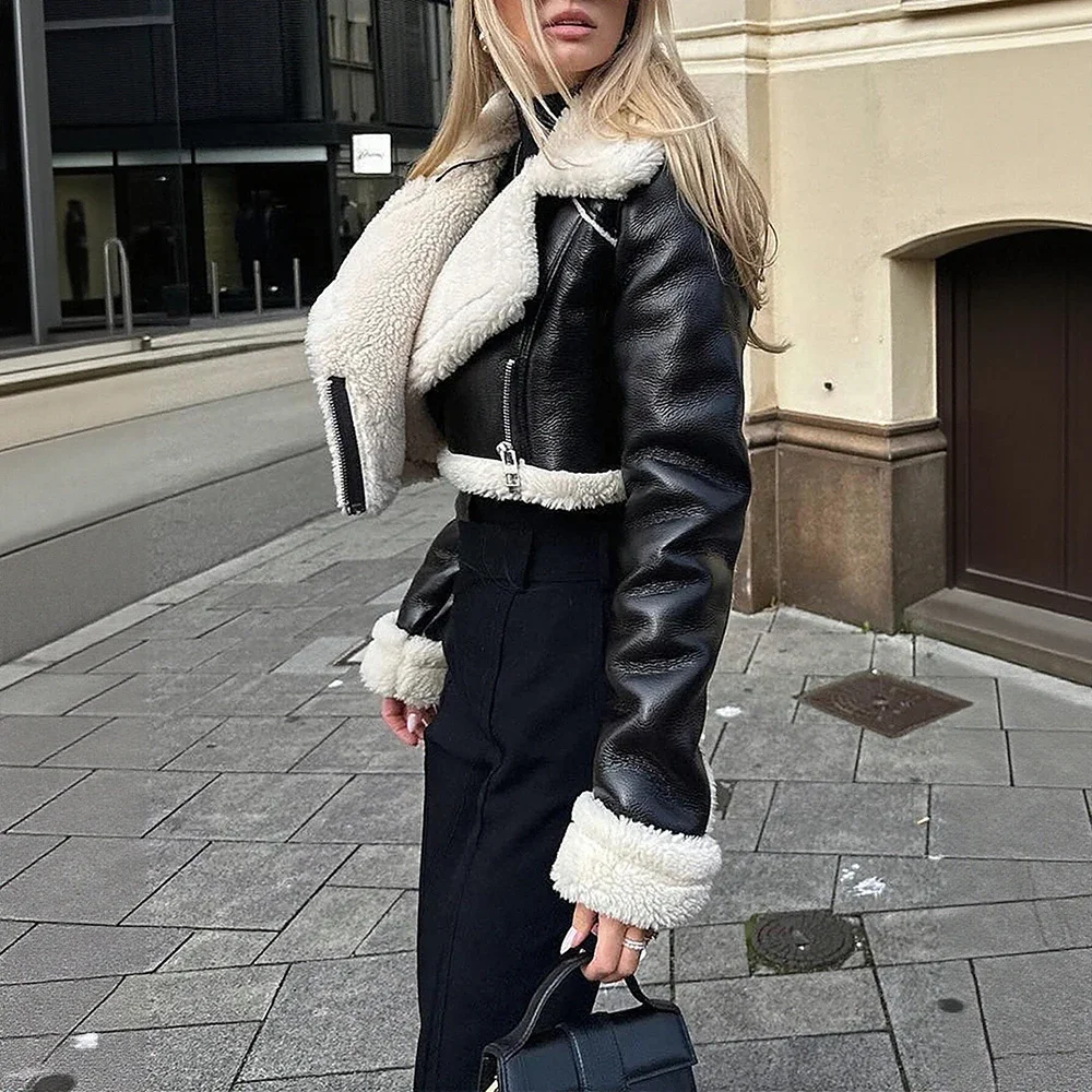 Women's Winter Biker Jacket Black Leather Base Contrast White Faux Fur Collar and Cuffs Full Zipper Closure Cropped Fit