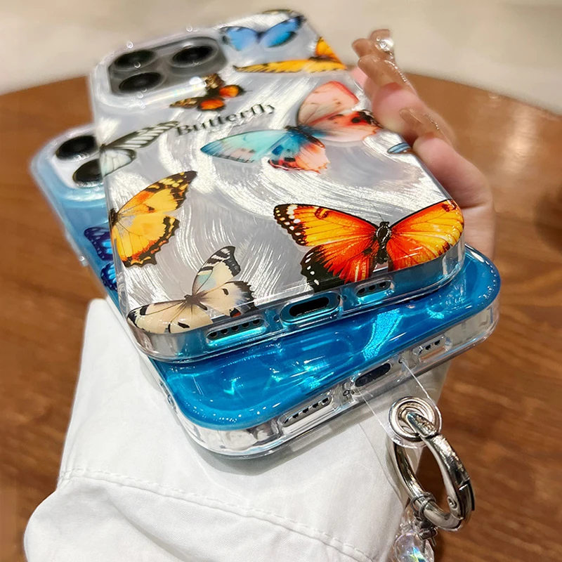 Luxuriöse Handyhülle mit Schmetterlingsmotiv in Silber-Verlauf für iPhone 16 15 14 13 12 11 Pro Max X XR 7 8 Plus mit Schmuck-Lanyard-Abdeckung – Detail 6