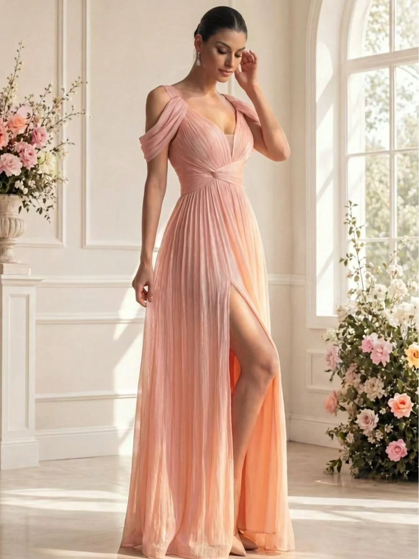 

Elegant Off Shoulder Chiffon Maxi Dress Long Evening Gown Bridesmaid Formal Party Wedding Guest High Slit Pleated Prom Dress