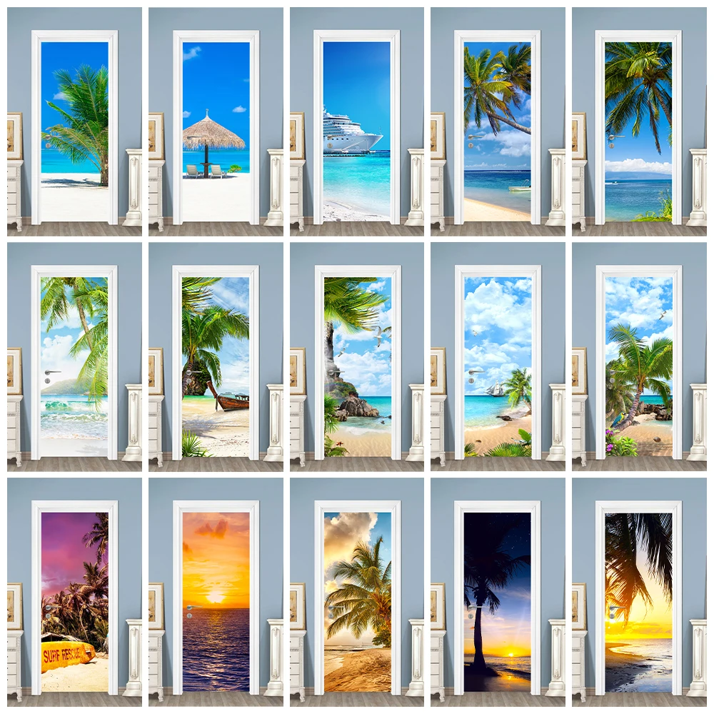 

Blue Sky Seaside Beach Landscape Door Sticker Mural Decals Removable Summer Coconut Tree Nature Scenery Door Poster Wallpaper