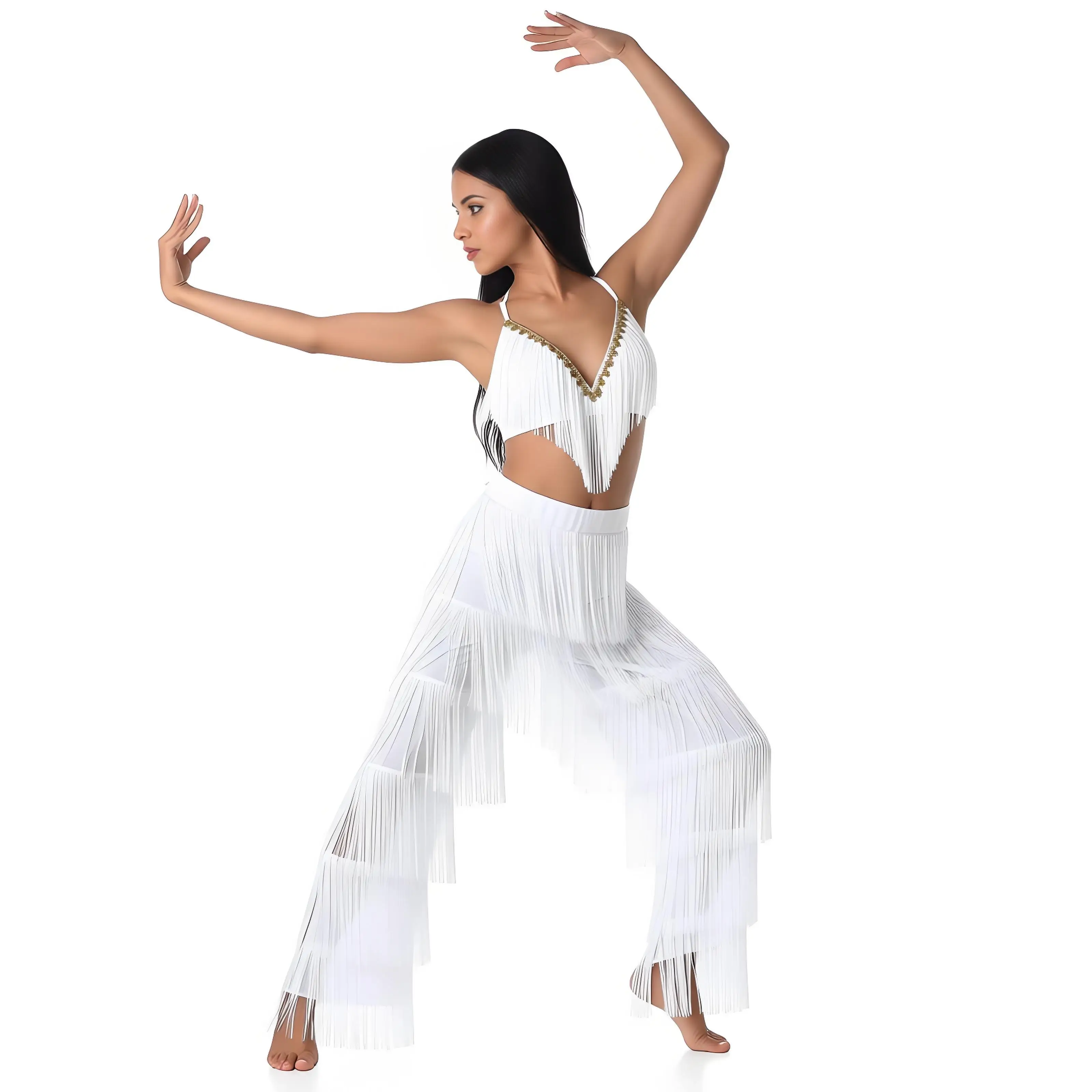 

Women Adult Tassel 7080s Disco Classical Vintage Halter Crop Top Contrast Tiered Long Pants Latin Cha-Cha Tango Rumba Dancewear