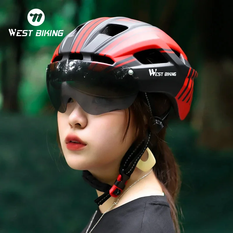 WEST BIKING Sports Fashion Cycling Helmet Magnetic Visored Goggle Helmet MTB Road Bike Safe Cap With Taillight Bicycle Equipment