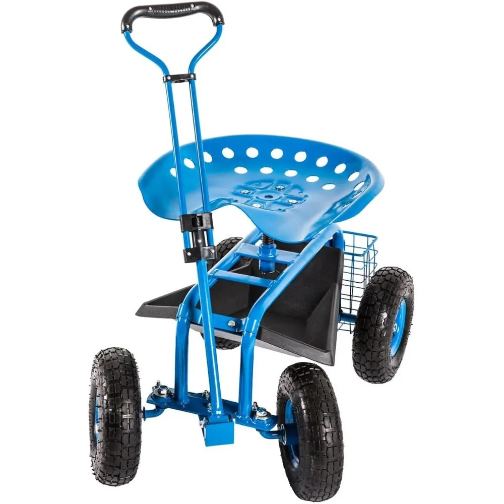 

Garden Cart Rolling Work Seat Outdoor Utility Lawn Yard Patio Wagon Scooter for Planting, Adjustable Handle 360 Degree Swivel