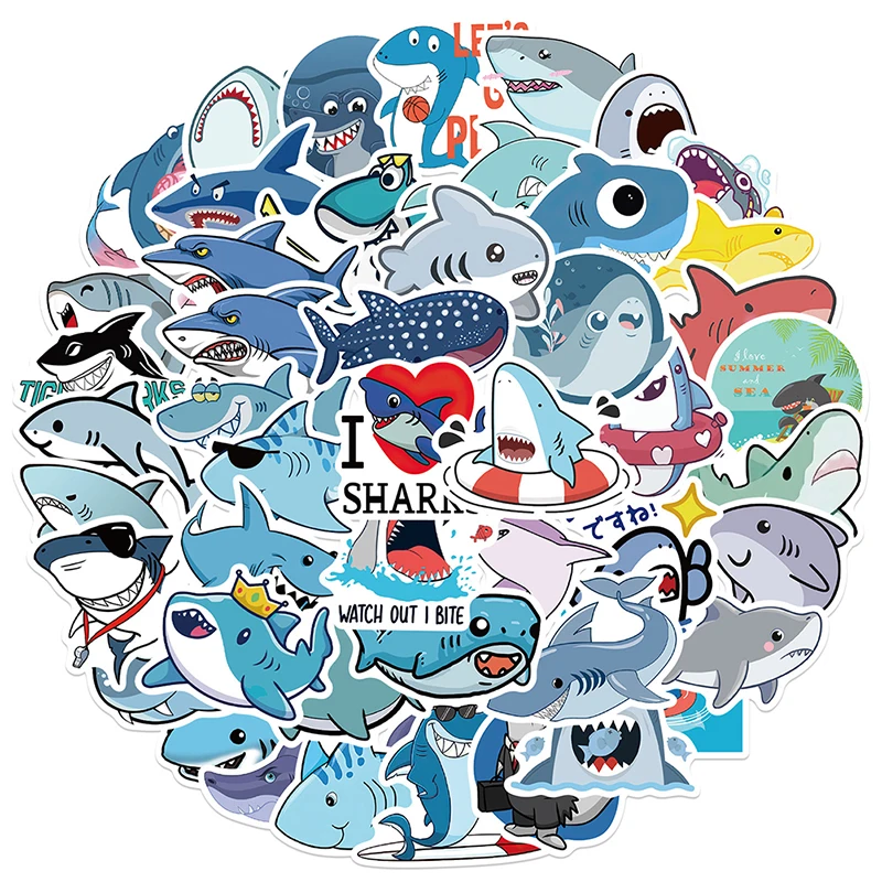 50Pcs Cute Shark Graffiti Sticker Guitar Suitcase Skateboard Scrapbooking Decal