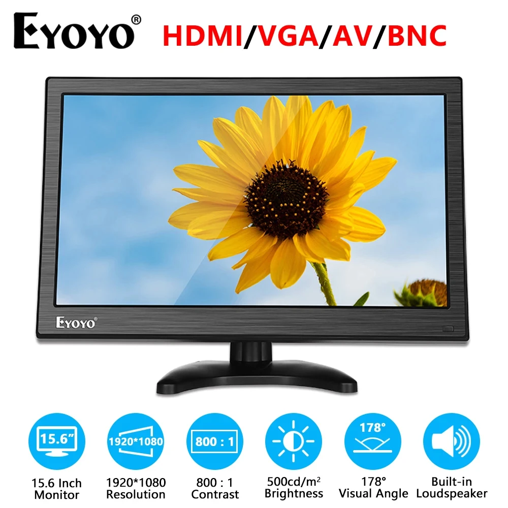 Eyoyo 15.6\'\' IPS Screen Monitor HDMI Display 1920x1080 AV/VGA/BNC/USB HDMI port 178° with remote control FHD monitor for PC CCTV