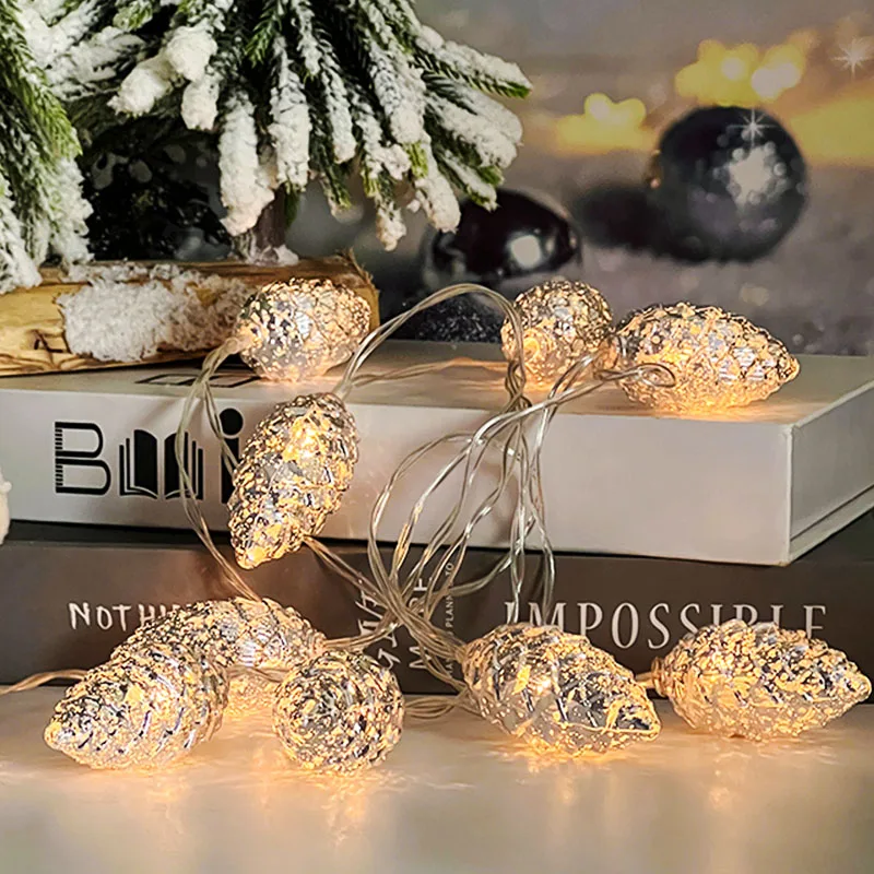 2M 10LED Silver Gold Pine Cone Lights Fake Pine Lamp Garland Christmas Tree Hanging Decoration For Home Xmas Wreath Navidad Gift