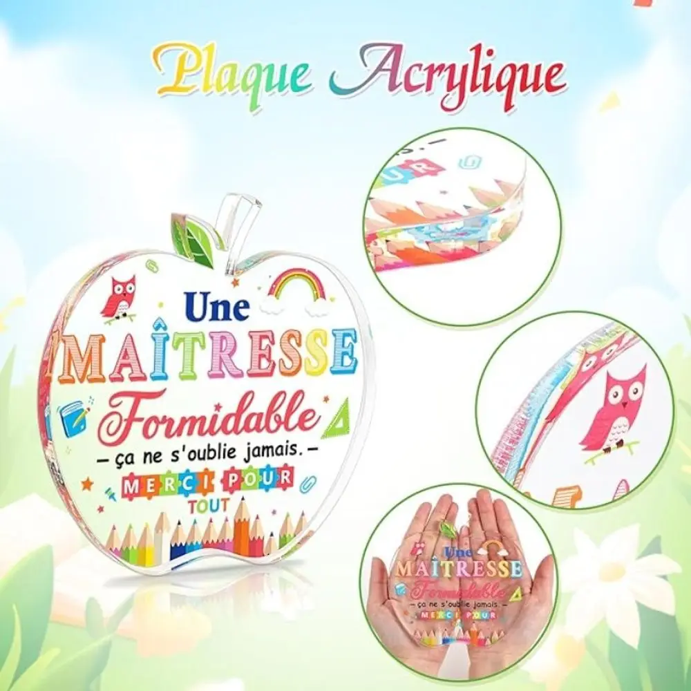 Apple Owl Rainbow Acrylic Desk Plaque, French Maitresse Teacher Appreciation Tabletop Decor Gift