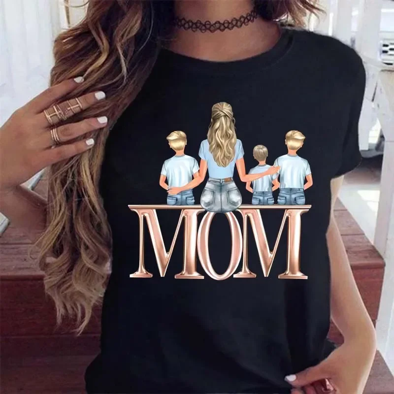 Maycaur women T shirt cartoon mom with sons shirt fashion print casual woman tee ladies female T-shirt short sleeve t top shirt