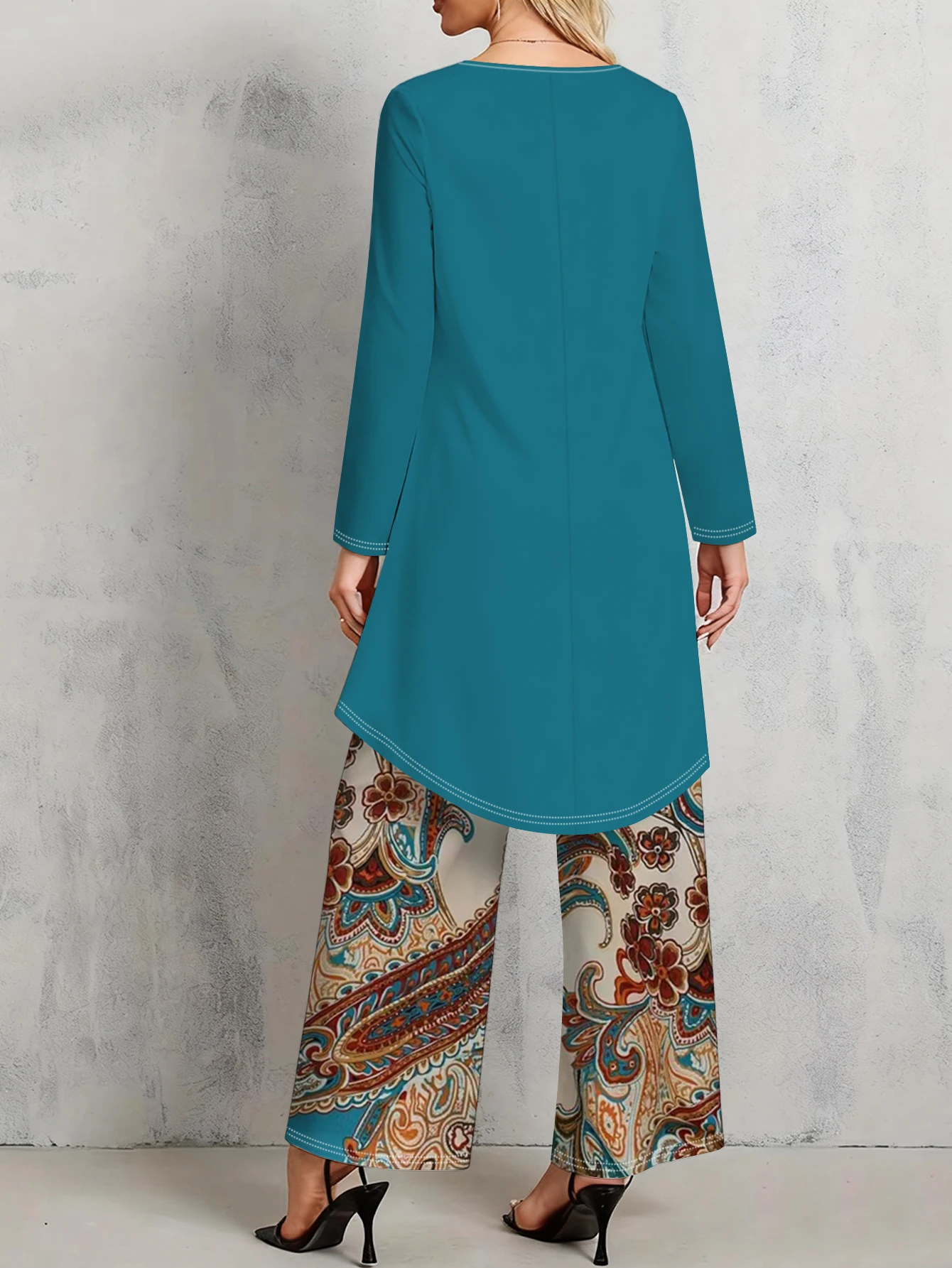 Women Boho 2 Piece Outfit Set Long Sleeve Top & Wide Leg Pants Ethnic Geometric Print Loose Flowy Vacation Beach Matching Suit
