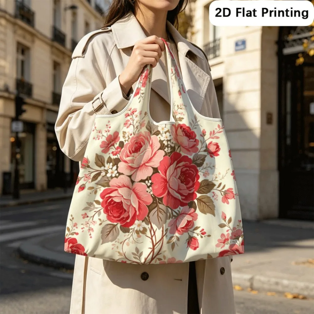 Vintage Red Roses Foldable tote, multifunctional shoulder bag for shopping spree.