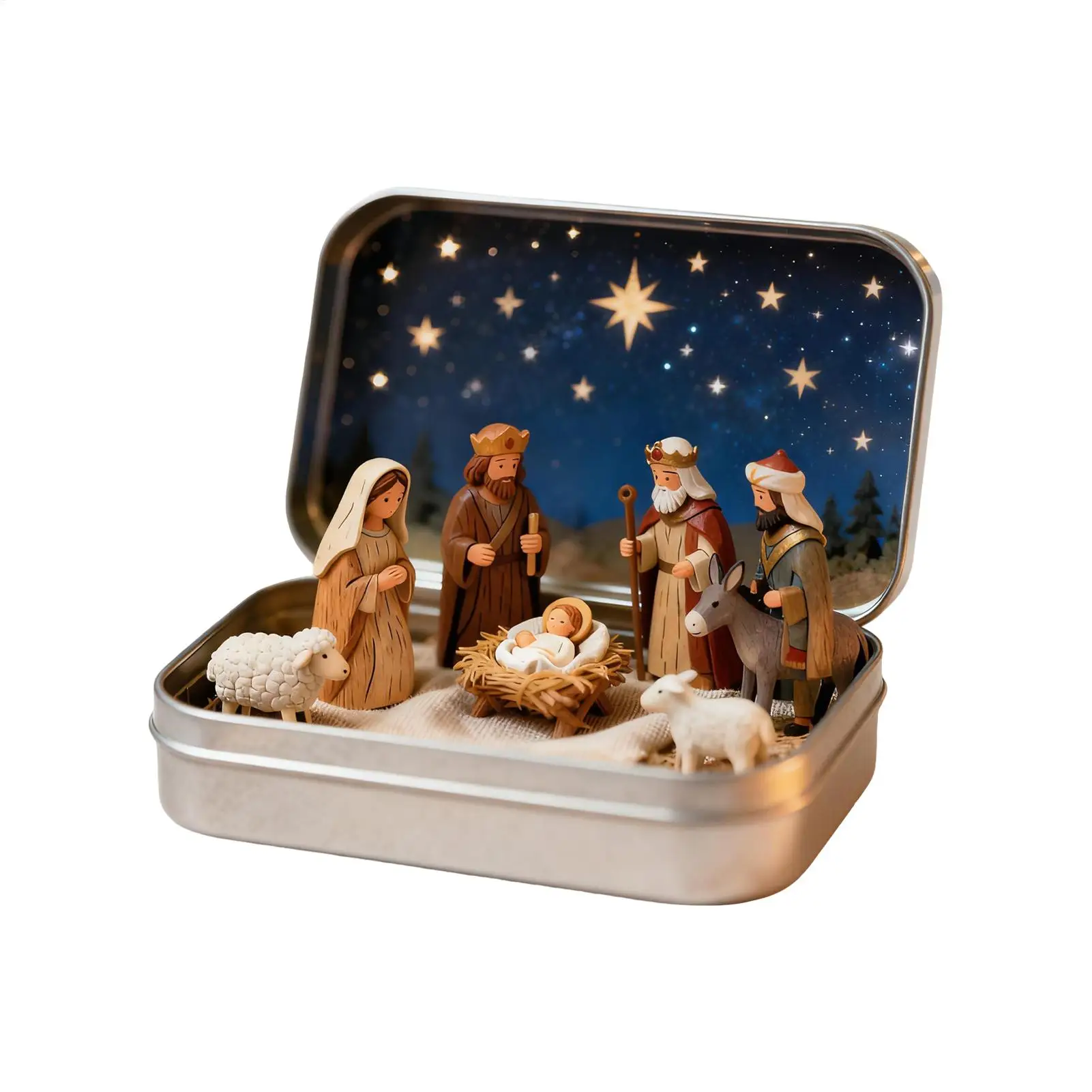Nativity Set Christmas Decorations Resin Collectible Miniature Nativity Scene Set In Tin Box For Tabletop Cabinet Desk Bedside