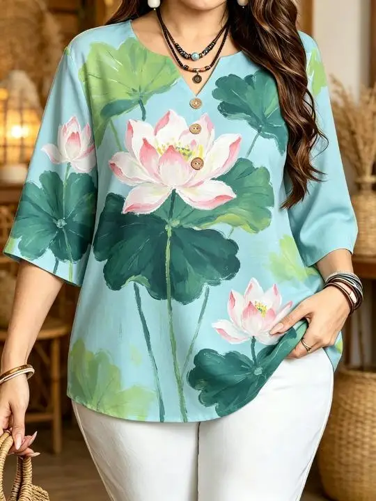 Plus Size Women 3/4 Sleeve V‑Neck Blouse Oil Painting Floral Print Button Decoration Loose Casual Spring Fall Ladies Tops