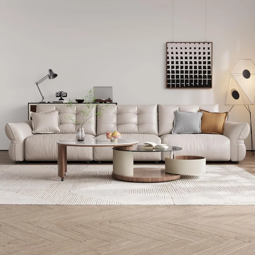 طاولة قهوة مستديرة حديثة، طاولة مركزية متعددة الاستخدامات 2 في 1 مع عجلات وتخزين، حجر متكلس وزجاج مقسى