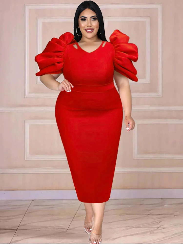 Plus Size 4XL Red Party Dresses Women Pleated Short Sleeves Midi Stylish High Waist African Evening Night Out Event Female Robes