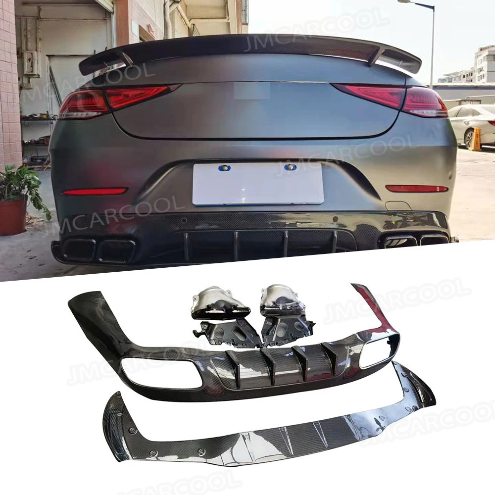 

Диффузор заднего бампера с серебряными насадками для выхлопных газов для Mercedes Benz CLS W257 CLS300 350 450 CLS53 63 для AMG 2018-2021 из углеродного волокна