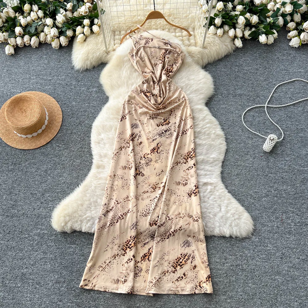 Schickes Vintage-Kleid mit ausgehöhltem Diagonalkragen, plissiert, elegante Fee, koreanische Mode, Boho-Damenbekleidung, langes Kleid